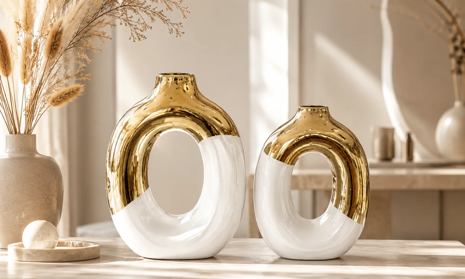 Gold Beyaz Oval Modern Vazo Set