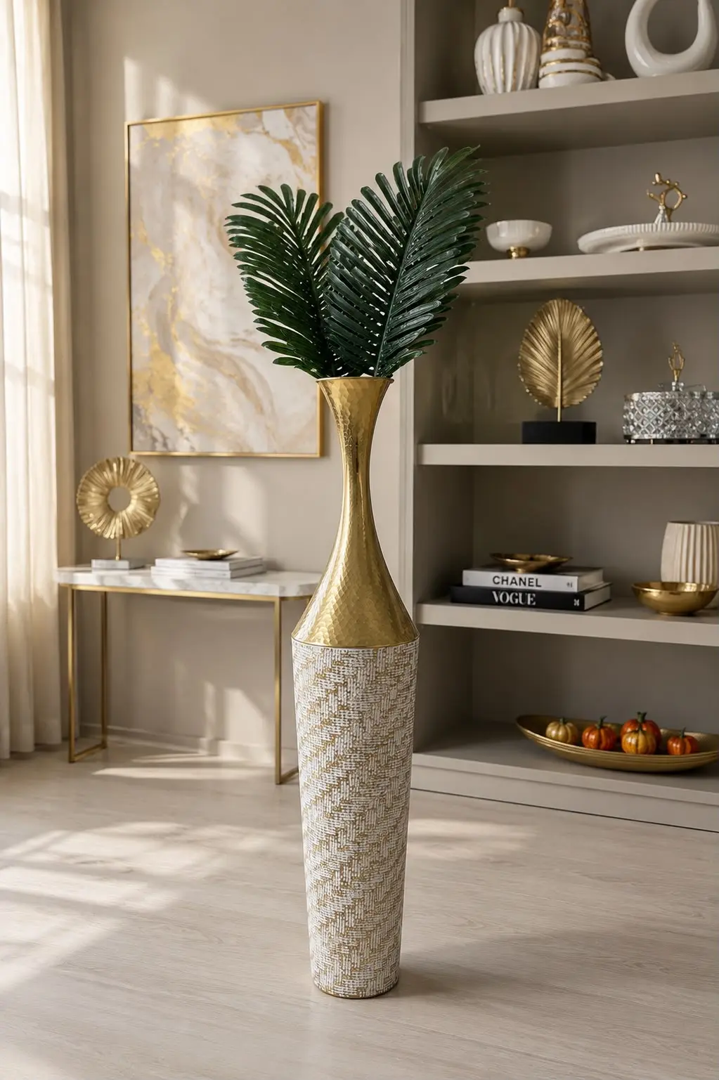 Gold Beyaz Metal Dekotarif Yer Vazosu 90cm