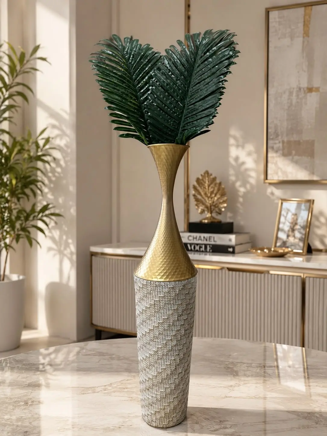 Gold Beyaz Metal Dekotarif Yer Vazosu 80cm