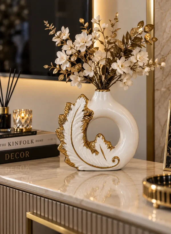 GOLD BEYAZ PORSELEN YAPRAK VAZO 20 CM