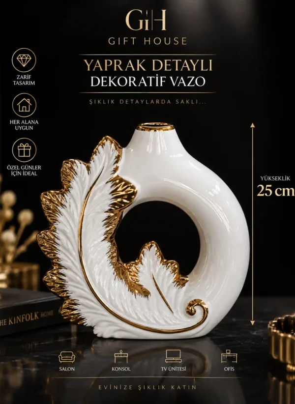 GOLD BEYAZ PORSELEN YAPRAK VAZO 25CM