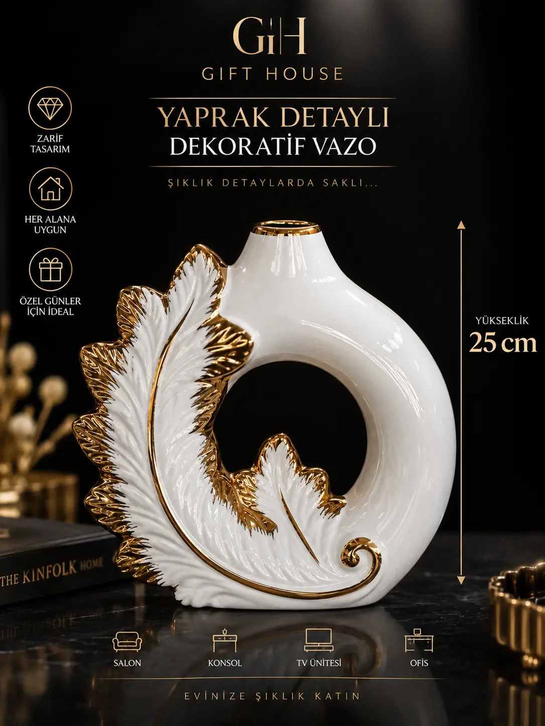 GOLD BEYAZ PORSELEN YAPRAK VAZO 25CM