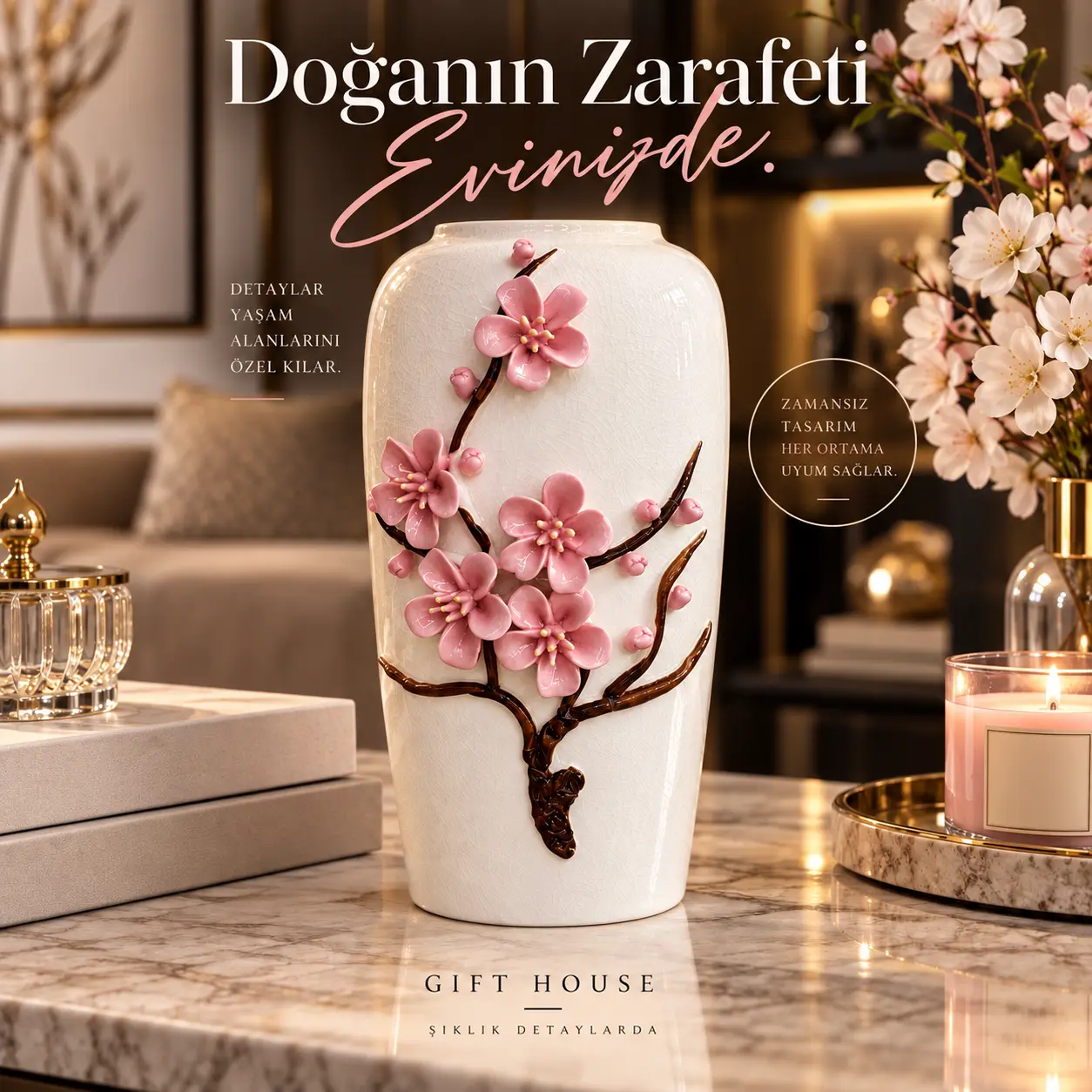 PORSELEN ÇİÇEK DETAY VAZO 24CM